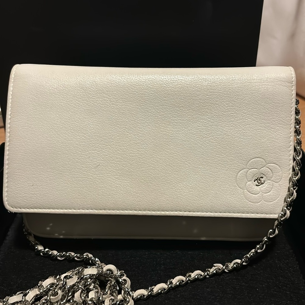 CHANEL CALFSKIN CAMELLIA WALLET ON CHAIN